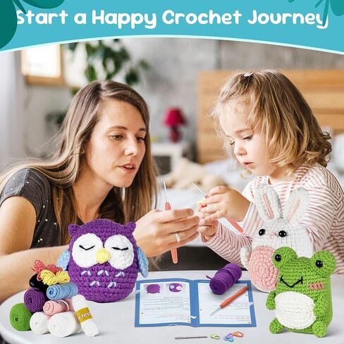 Crochet Kit for Beginners, Rabbit, Owl, Frog-3 Pattern Animals, Knitting Kit for Kids Adult with Step-by-Step Video Tutorials and Yarns, Hook, Accessories in Kuwait
