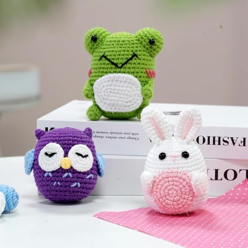 Crochet Kit for Beginners, Rabbit, Owl, Frog-3 Pattern Animals, Knitting Kit for Kids Adult with Step-by-Step Video Tutorials and Yarns, Hook, Accessories in Kuwait