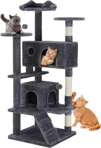 Sweetcrispy 54-Inch Cat Tree Tower – Multi-Level with Sisal Scratching Post, Perfect Pet Gift, Indoor Condo with Climbing Ladder, Plush Toy, and More Animal Stuff, Grey in Saudi Arabia