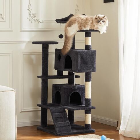 Sweetcrispy 54-Inch Cat Tree Tower – Multi-Level with Sisal Scratching Post, Perfect Pet Gift, Indoor Condo with Climbing Ladder, Plush Toy, and More Animal Stuff, Grey in Saudi Arabia