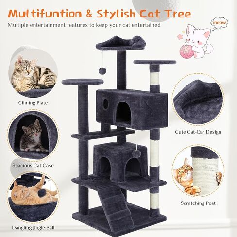 Sweetcrispy 54-Inch Cat Tree Tower – Multi-Level with Sisal Scratching Post, Perfect Pet Gift, Indoor Condo with Climbing Ladder, Plush Toy, and More Animal Stuff, Grey in Saudi Arabia