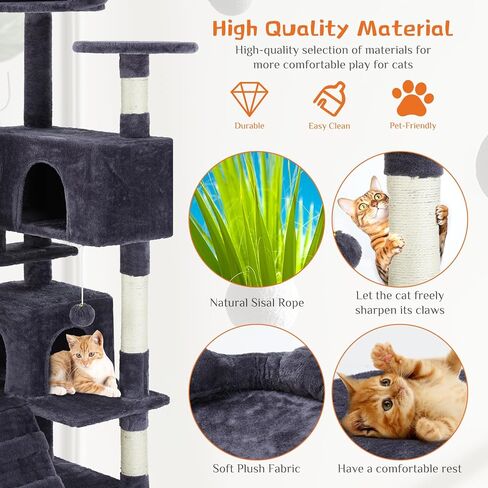 Sweetcrispy 54-Inch Cat Tree Tower – Multi-Level with Sisal Scratching Post, Perfect Pet Gift, Indoor Condo with Climbing Ladder, Plush Toy, and More Animal Stuff, Grey in Saudi Arabia