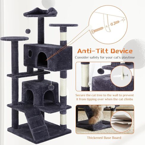 Sweetcrispy 54-Inch Cat Tree Tower – Multi-Level with Sisal Scratching Post, Perfect Pet Gift, Indoor Condo with Climbing Ladder, Plush Toy, and More Animal Stuff, Grey in Saudi Arabia