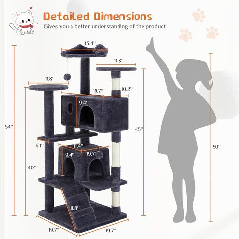 Sweetcrispy 54-Inch Cat Tree Tower – Multi-Level with Sisal Scratching Post, Perfect Pet Gift, Indoor Condo with Climbing Ladder, Plush Toy, and More Animal Stuff, Grey in Saudi Arabia