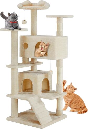Sweetcrispy 54-Inch Cat Tree Tower – Multi-Level with Sisal Scratching Post, Perfect Pet Gift, Indoor Condo with Climbing Ladder, Plush Toy, and More Animal Stuff, Grey in Saudi Arabia