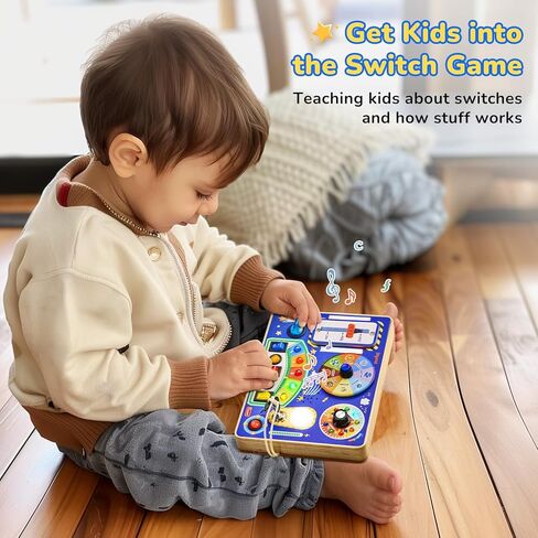 Busy Board with Led Light, Toddler Toys for 1 2 3 4 Year Old Boys and Girls, Wooden Sensory Toys with Music, Travel Toys for Toddlers 1-3, Birthday Presents (Blue) in Kuwait