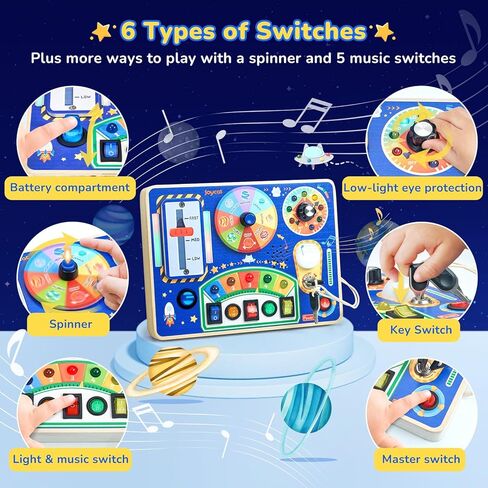 Busy Board with Led Light, Toddler Toys for 1 2 3 4 Year Old Boys and Girls, Wooden Sensory Toys with Music, Travel Toys for Toddlers 1-3, Birthday Presents (Blue) in Kuwait