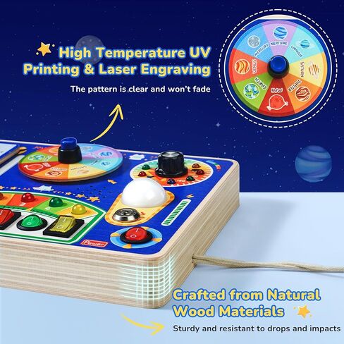 Busy Board with Led Light, Toddler Toys for 1 2 3 4 Year Old Boys and Girls, Wooden Sensory Toys with Music, Travel Toys for Toddlers 1-3, Birthday Presents (Blue) in Kuwait