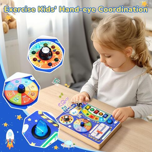Busy Board with Led Light, Toddler Toys for 1 2 3 4 Year Old Boys and Girls, Wooden Sensory Toys with Music, Travel Toys for Toddlers 1-3, Birthday Presents (Blue) in Kuwait