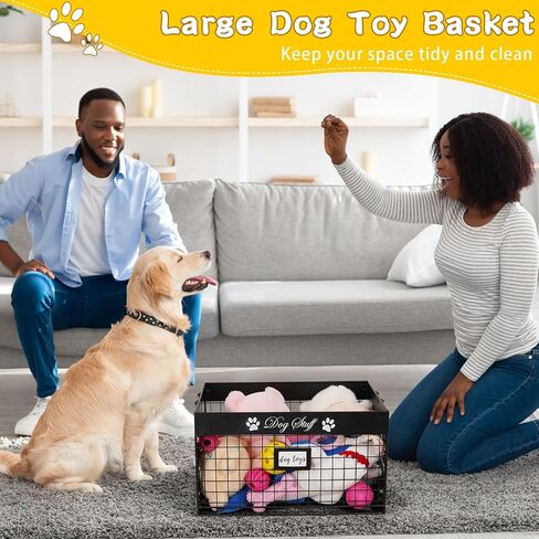 Dog Toy Basket - Large Dog Toy Box with Handles and Label Position Design for Living Room, Metal Dog Toy Bin Storage for Dogs Chew Pets Toys, Blankets, Clothes, Food (Black) in Saudi Arabia