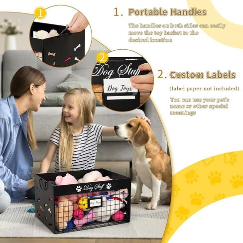 Dog Toy Basket - Large Dog Toy Box with Handles and Label Position Design for Living Room, Metal Dog Toy Bin Storage for Dogs Chew Pets Toys, Blankets, Clothes, Food (Black) in Saudi Arabia