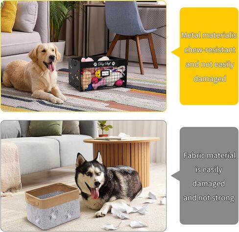Dog Toy Basket - Large Dog Toy Box with Handles and Label Position Design for Living Room, Metal Dog Toy Bin Storage for Dogs Chew Pets Toys, Blankets, Clothes, Food (Black) in Saudi Arabia