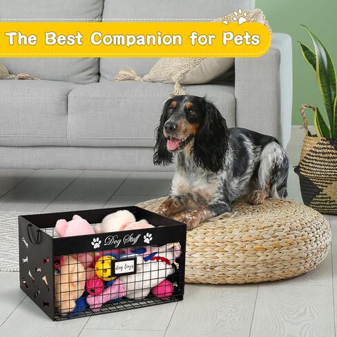 Dog Toy Basket - Large Dog Toy Box with Handles and Label Position Design for Living Room, Metal Dog Toy Bin Storage for Dogs Chew Pets Toys, Blankets, Clothes, Food (Black) in Saudi Arabia