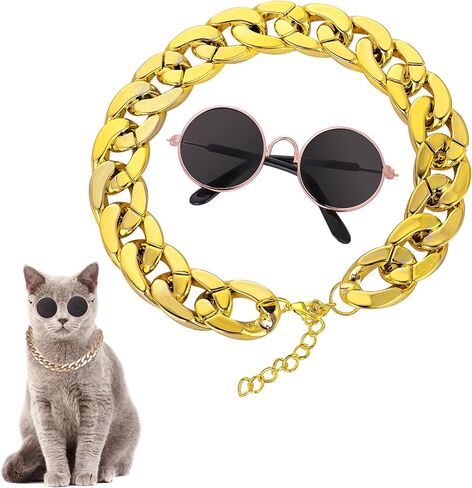 Cat Costume Sunglasses with Collar Chain, Retro Pet Eyeglasses Funny Kittens Costume Docorations Cosplay Dog Puppies Photo Props for Birthday (Rose Gold) in Kuwait