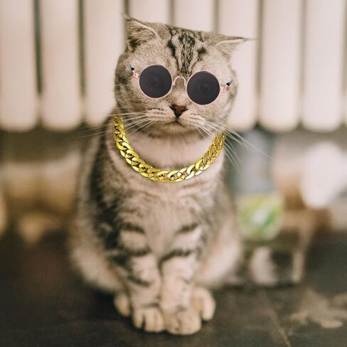 Cat Costume Sunglasses with Collar Chain, Retro Pet Eyeglasses Funny Kittens Costume Docorations Cosplay Dog Puppies Photo Props for Birthday (Rose Gold) in Kuwait