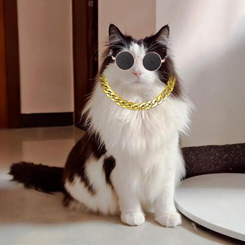 Cat Costume Sunglasses with Collar Chain, Retro Pet Eyeglasses Funny Kittens Costume Docorations Cosplay Dog Puppies Photo Props for Birthday (Rose Gold) in Kuwait