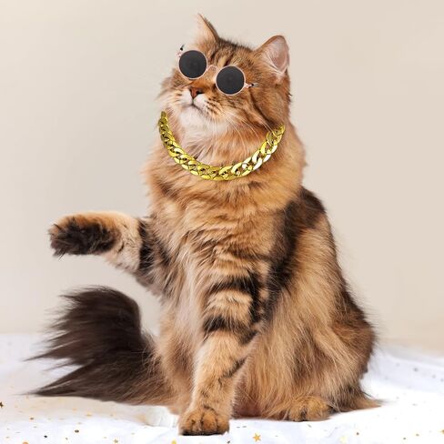 Cat Costume Sunglasses with Collar Chain, Retro Pet Eyeglasses Funny Kittens Costume Docorations Cosplay Dog Puppies Photo Props for Birthday (Rose Gold) in Kuwait
