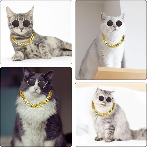 Cat Costume Sunglasses with Collar Chain, Retro Pet Eyeglasses Funny Kittens Costume Docorations Cosplay Dog Puppies Photo Props for Birthday (Rose Gold) in Kuwait