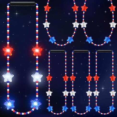 4th of July Bead Necklace Light up LED Neon Beaded Necklaces Bulk Patriotic red white and blue star Accessories for Independence Day Memorial Day Events Party Celebration in Kuwait