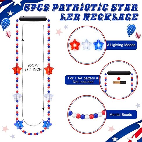 4th of July Bead Necklace Light up LED Neon Beaded Necklaces Bulk Patriotic red white and blue star Accessories for Independence Day Memorial Day Events Party Celebration in Kuwait