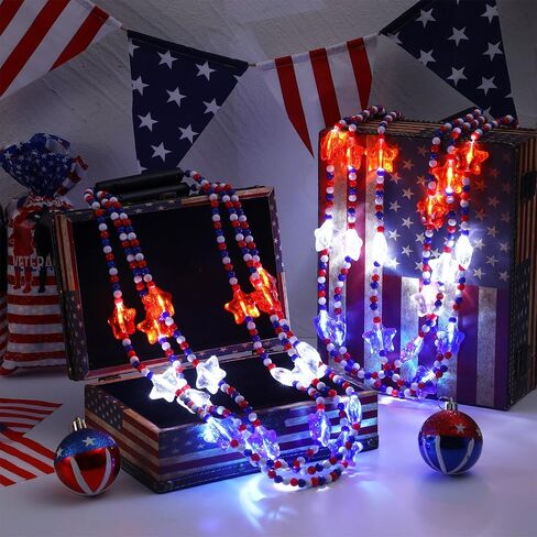 4th of July Bead Necklace Light up LED Neon Beaded Necklaces Bulk Patriotic red white and blue star Accessories for Independence Day Memorial Day Events Party Celebration in Kuwait