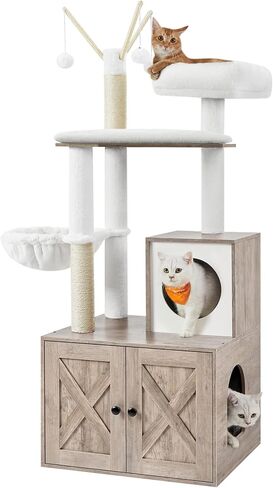 Feandrea Cat Tree with Litter Box Enclosure, 2-in-1 Modern Cat Tower, 55.1-Inch Cat Condo with Scratching Posts, Removable Pompom Sticks, Greige UPCT113G01 in Kuwait