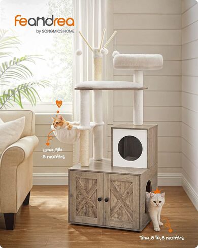 Feandrea Cat Tree with Litter Box Enclosure, 2-in-1 Modern Cat Tower, 55.1-Inch Cat Condo with Scratching Posts, Removable Pompom Sticks, Greige UPCT113G01 in Kuwait
