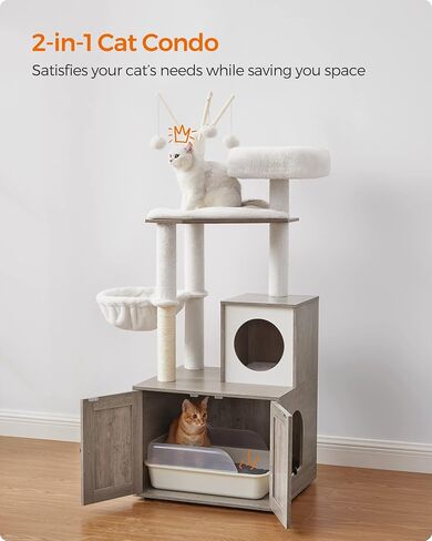 Feandrea Cat Tree with Litter Box Enclosure, 2-in-1 Modern Cat Tower, 55.1-Inch Cat Condo with Scratching Posts, Removable Pompom Sticks, Greige UPCT113G01 in Kuwait