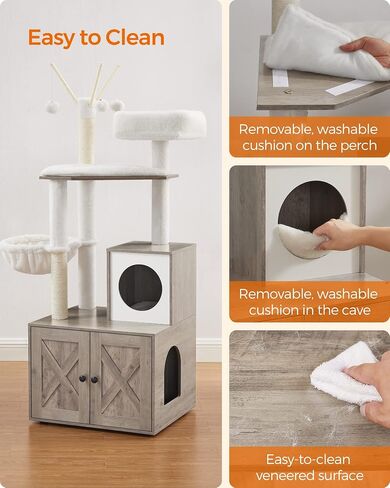 Feandrea Cat Tree with Litter Box Enclosure, 2-in-1 Modern Cat Tower, 55.1-Inch Cat Condo with Scratching Posts, Removable Pompom Sticks, Greige UPCT113G01 in Kuwait