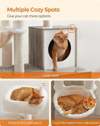 Feandrea Cat Tree with Litter Box Enclosure, 2-in-1 Modern Cat Tower, 55.1-Inch Cat Condo with Scratching Posts, Removable Pompom Sticks, Greige UPCT113G01 in Kuwait