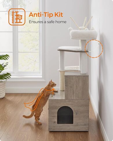 Feandrea Cat Tree with Litter Box Enclosure, 2-in-1 Modern Cat Tower, 55.1-Inch Cat Condo with Scratching Posts, Removable Pompom Sticks, Greige UPCT113G01 in Kuwait