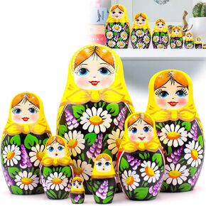 AEVVV Russian Matryoshka Dolls مجموعة من 7 أجهزة كمبيوتر - دمى روسية في فستان سارافان مع البابونج المرسومة باليد وزهور أرجواني - روسي Matreshka