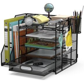 HUHOLE Mesh Desk Organizer with File Holder, 5-Tier Paper Letter Tray Organizer with File Clip, USB Clip, Wire Desk Accessories & Workspace Organizers for Office Supplies or School Supplies