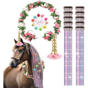 22Pcs Horse Costume, Unicorn Horn, Pony Bling Hair Accessory Set, Horses Tail Extension with Mini Clip, Pony Tinsel Rose Flower Vine for Real Horse Birthday Party Decor Race