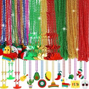 141 Pcs Mexican Necklace Bulk Cinco De Mayo Red Green Gold Beaded Fiesta Metallic Necklaces Bead Mexican Party Favors Mardi Gras Beads for Carnivals Party Supplies Luau Photo Props