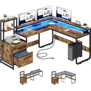YITAHOME L Shaped Desk with Power Outlets & LED Lights, Reversible Computer Desk with Drawers & Hutch, Corner Office Desks with Monitor Stand, Printer Stand, Rustic Brown