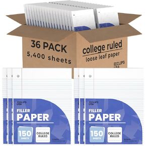 Notebook Paper, Loose Leaf Paper, College Ruled Paper, 10.5" x 8", Filler Paper, 56 gsm, 150 Sheets Per Pack, 900 Sheets, (6 Pack)