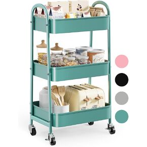 Pink 3 Tier Rolling Cart Metal, Three Tiered Craft Cart with Lockable Wheels, Utility Art Cart Organizer on Wheels, Heavy Duty Storage Carts for Baby Diaper, Book, Bathroom, Kitchen, Nail, Makeup