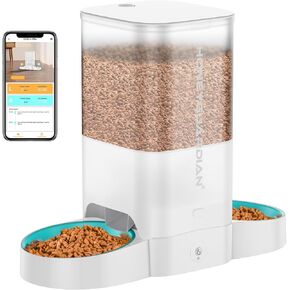Honeyguaridan 5L وحدة تغذية CAT التلقائية لقطتين ، 2.4G WIFI تمكين التغذية الذكية التغذية التغذية التغذية مع وعاء بطيء ، موزع التحكم في التطبيق ، مزود الطاقة المزدوجة ، حقيبة مجففة ، 10S وجبة الاتصال