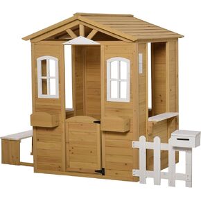Outsunny Outdoor Playhouse for Kids Wooden Cottage with Doors Windows & Mail Box