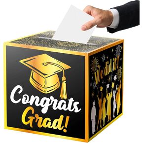 JWSCYSY Graduation Card Box Holder, Congrats Grad Foldable Cardboard Decorations Box for Graduation Party Favors Decor Party Supplies (Black Gold)
