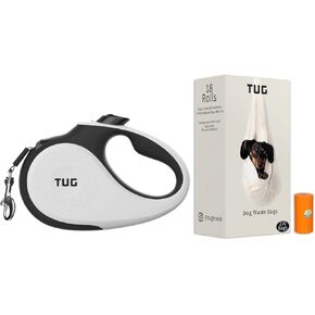 TUG 360° Tangle-Free, Heavy Duty Retractable Dog Leash with Anti-Slip Handle; 16 ft Strong Nylon Tape/Ribbon; One-Handed Brake, Pause, Lock Bundle with TUG Waste Bags