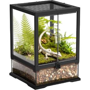 10 Gallon Reptile Terrarium Full View Tank with Feeding Port, Reptile's Glass Tank with, Mesh Top Vent 12’’12’’18’’, Suitable for Small Reptile Such as Gecko, Snake, Frog and Mantis