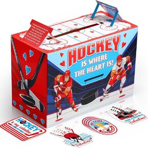 Pasimy Valentine Card Box with 32 Cards Party Mailbox Set for Boys Girls Kids School Classroom Exchange Party Favors, 1 Mailbox, 32 Valentine Cards, 1 Cards(Hockey)