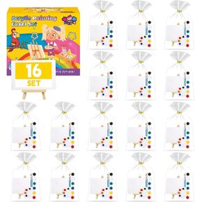 16 Pack 4x6 Inch Acrylic Paint Set - Mini Canvas and Easel Kit for Painting, Tabletop Craft Supplies with Brushes & Palettes, Complete Art Set for Kids & Adults, Classroom, Party Favors & Display