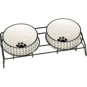 Housewares Ceramic Pet Bowl Set - Food Water Bowls for Dogs and Puppies, Large Cats with Sturdy Metal Stand - Set of 2 6in. Bowls, 32 oz Each