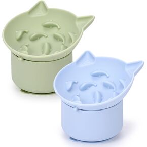 2 Pack Silicone Cat Slow Feeder, Elevated Slow Feeder Cat Bowl for Dry and Wet Food, Tilted Design, Anti Whisker Fatigue, Adjustable Angle for Pet (Green and Blue)