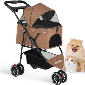 عربة حيوان أليف قابلة للطي Chihuahua 2-in-1 مع المظلة ، 3 عجلات من العجلات المتجولة للكلاب الصغيرة/المتوسطة والقطط ذات الناقل القابل للإزالة ، شبكة تنفس ، أصحاب الكؤوس ، التجميع السهل ، الأحمر+الأسود