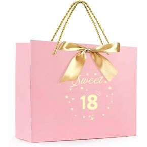FUNCANDLE Pink Sweet 16th Birthday Gifts Bag with Greeting Handles and Ribbon for Girls 16 Year Old Birthday Gifts Wrapping Bag for Party Favors Goodie Wrapping Bag Decorations Supplies