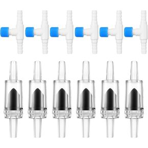 12 Pcs Check Valve Aquarium Air Pump Accessories, 6 Check Valves+6 T Shaped Air Valves Non-Return Control Valve for 3/16" Aquarium Tubing (Black)